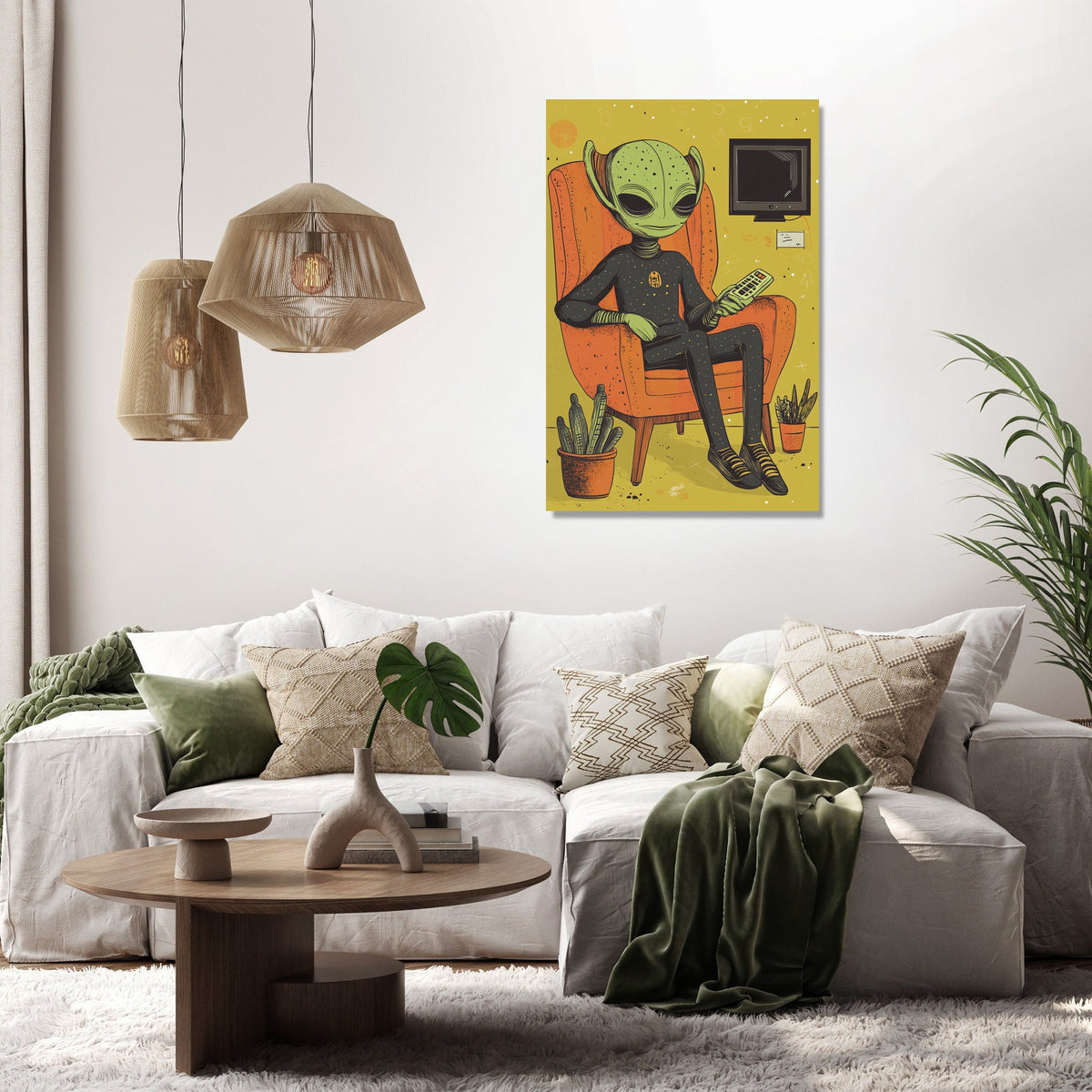 Stylish Wall Art Canvas featuring a cool alien character sitting in an orange chair with plants