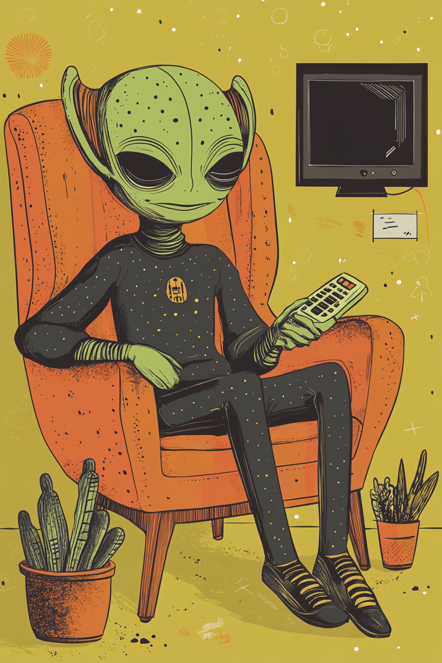 Unique Wall Art Canvas featuring a green alien relaxing in an orange chair with a remote control