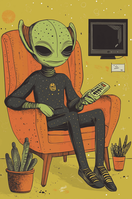 Unique Wall Art Canvas featuring a green alien relaxing in an orange chair with a remote control