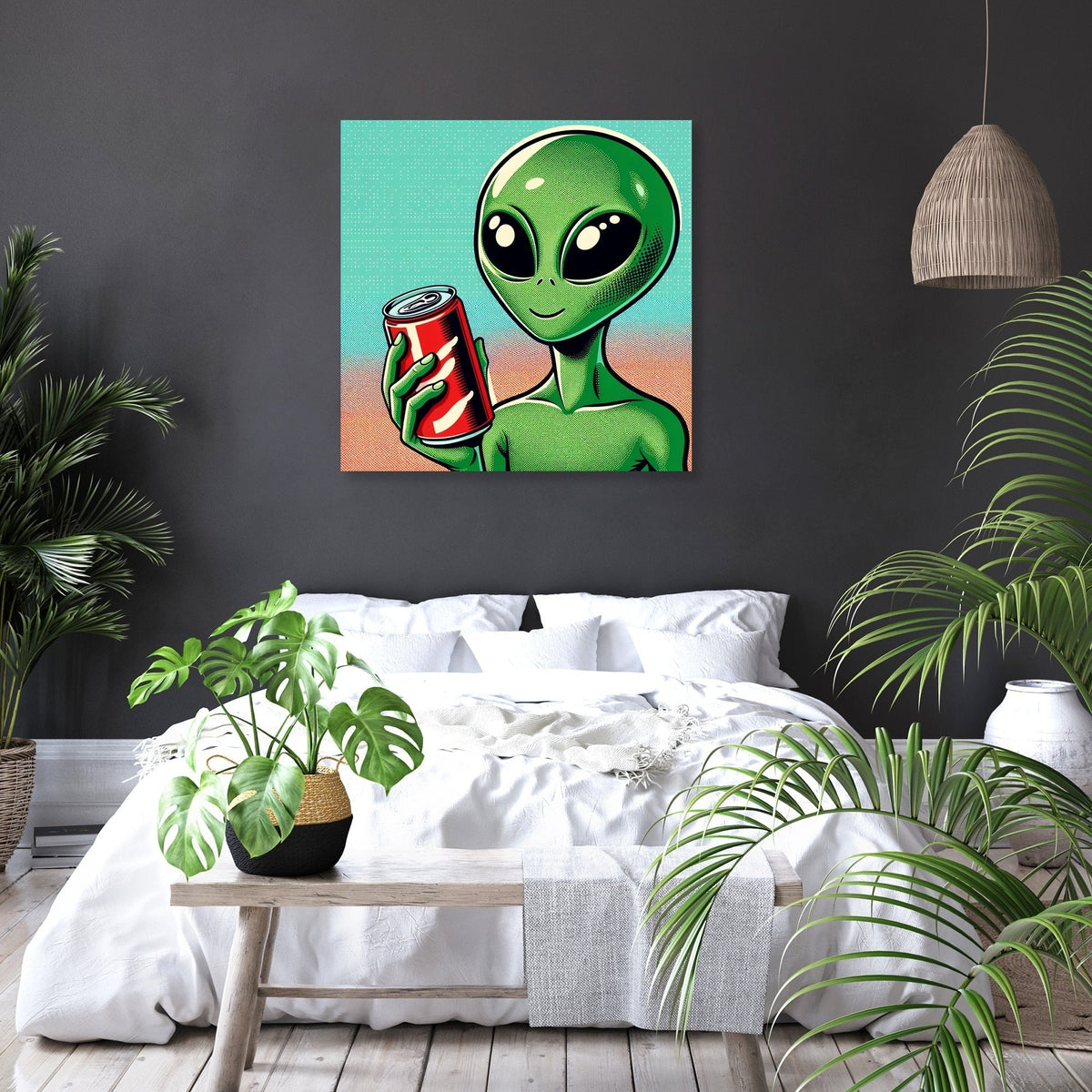Colourful Wall Art Canvas featuring a cartoon alien holding a soda can, perfect for modern home decor