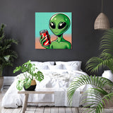 Colourful Wall Art Canvas featuring a cartoon alien holding a soda can, perfect for modern home decor