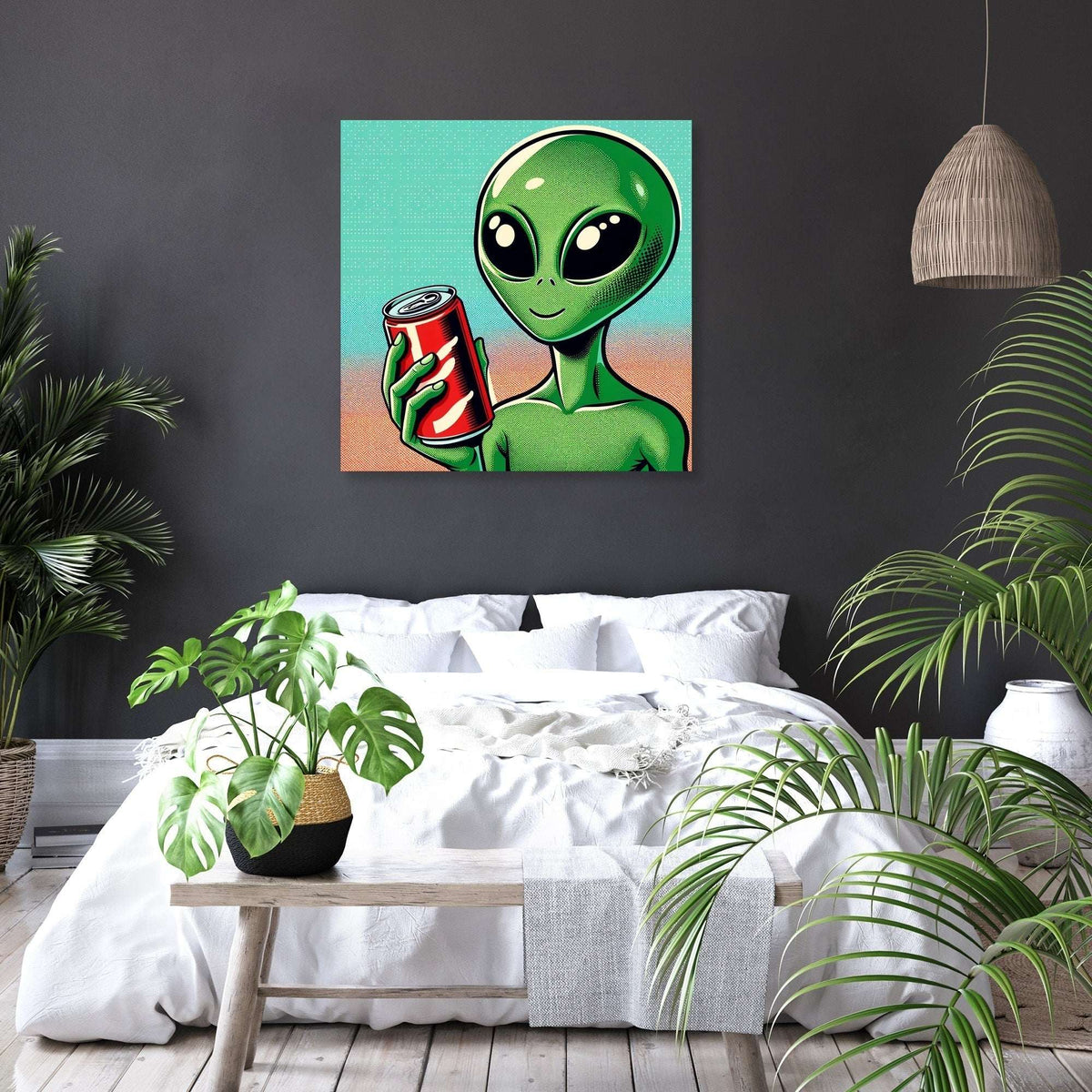 Colourful Wall Art Canvas featuring a cartoon alien holding a soda can, perfect for modern home decor