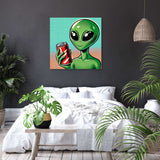 Colourful Wall Art Canvas featuring a cartoon alien holding a soda can, perfect for modern home decor
