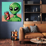 Colourful wall art canvas featuring a cartoon alien holding a soda can in a modern living room setting