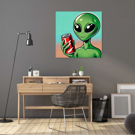 Colourful Wall Art Canvas featuring a green alien holding a soda can in a stylish workspace