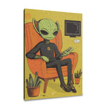 Alien character relaxing in a chair with a remote control, Wall Art Canvas by HOME ART HAVEN