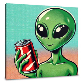 Colourful Wall Art Canvas featuring a friendly alien holding a soda can in retro pop art style