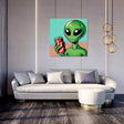 Colourful wall art canvas featuring an alien holding a soda in a modern living room setting