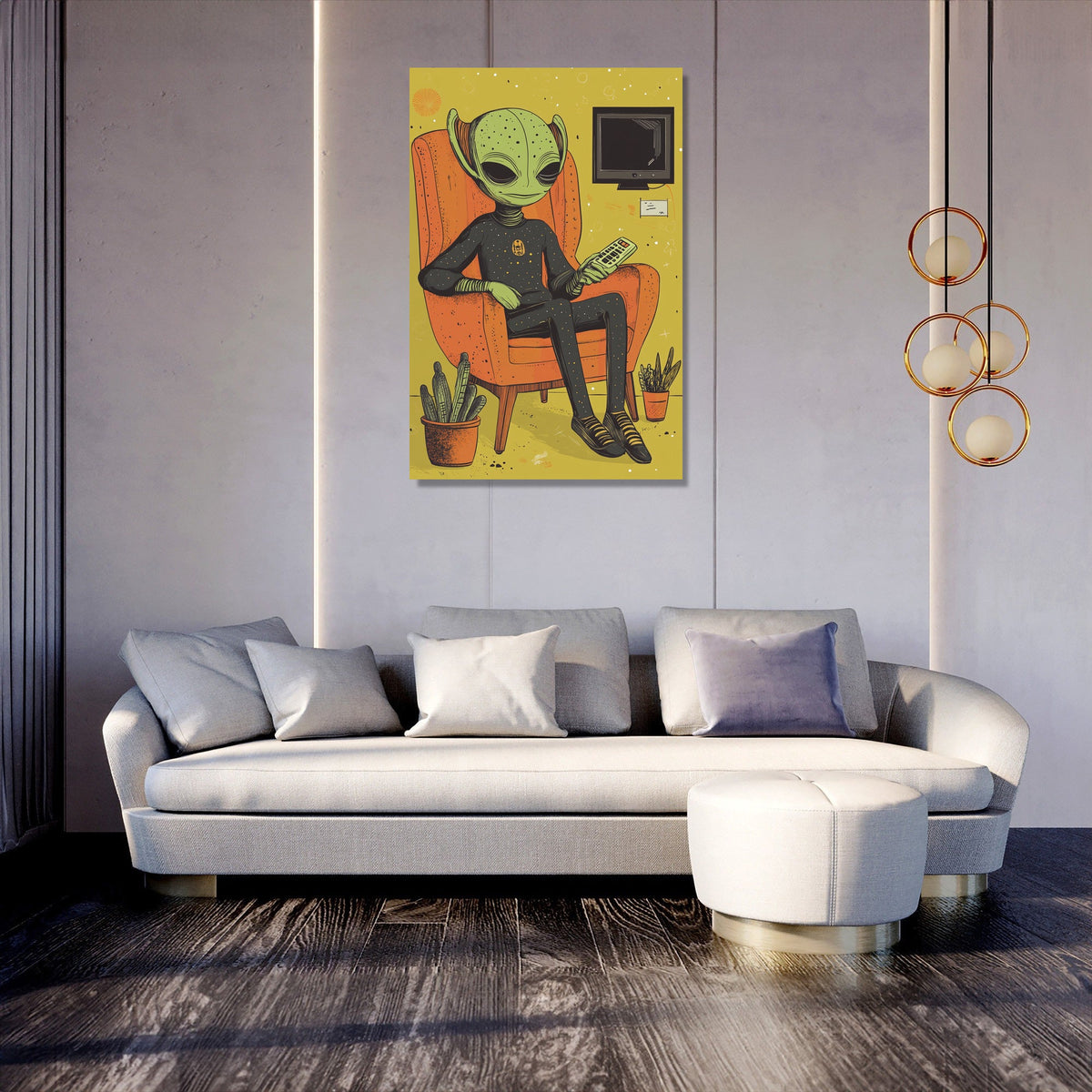 Colourful Wall Art Canvas featuring a cartoon alien sitting in an armchair surrounded by plants