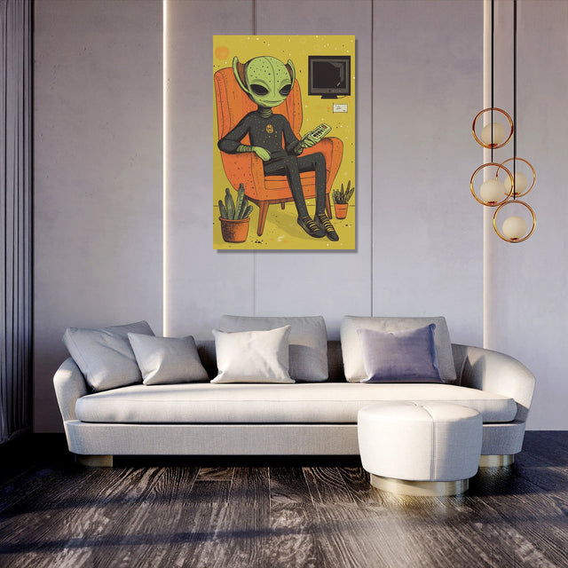 Colourful Wall Art Canvas featuring a cartoon alien sitting in an armchair surrounded by plants