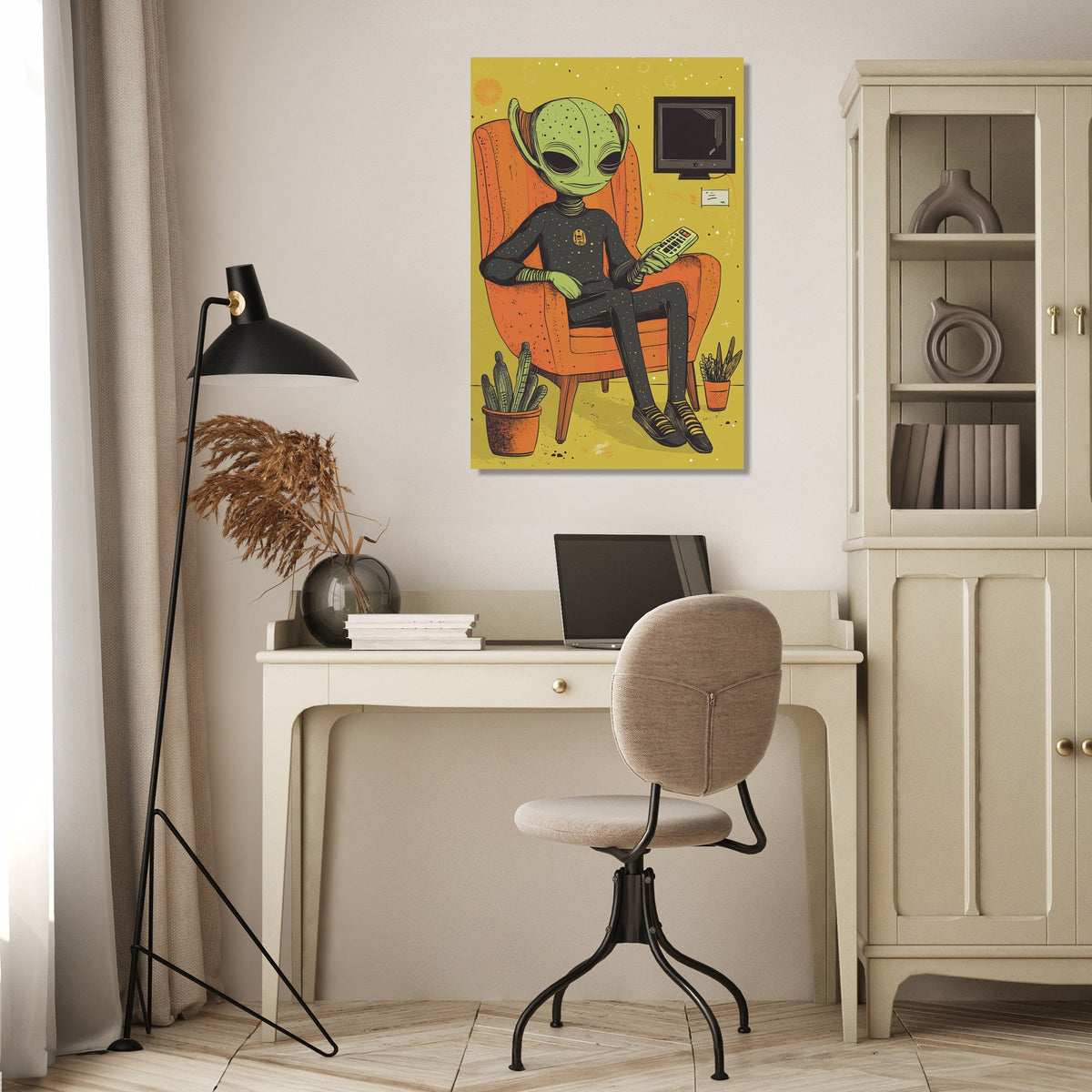 Unique Wall Art Canvas featuring a cool alien sitting in an orange chair with plants in a stylish home office
