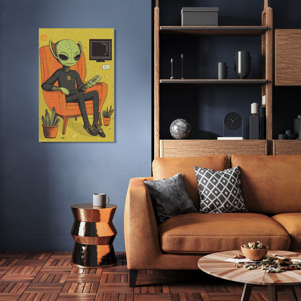 Unique Wall Art Canvas featuring a stylish alien character sitting in an orange chair on a vibrant yellow background