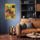 Unique Wall Art Canvas featuring a stylish alien character sitting in an orange chair on a vibrant yellow background