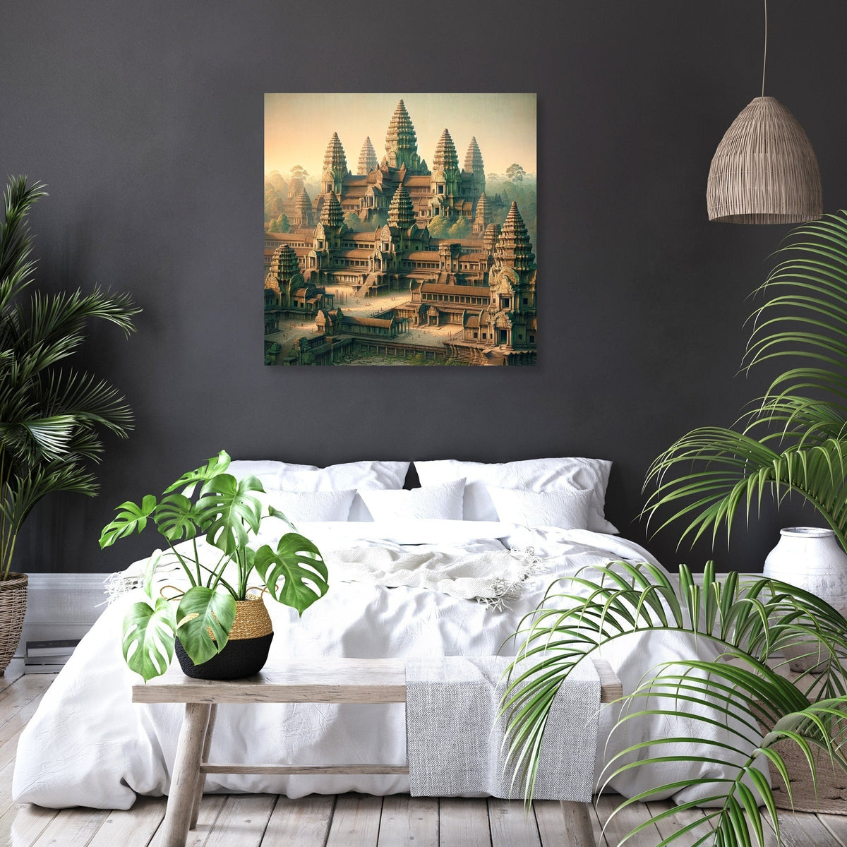 Beautiful Wall Art Canvas depicting an ancient temple surrounded by scenic mountains for home decor