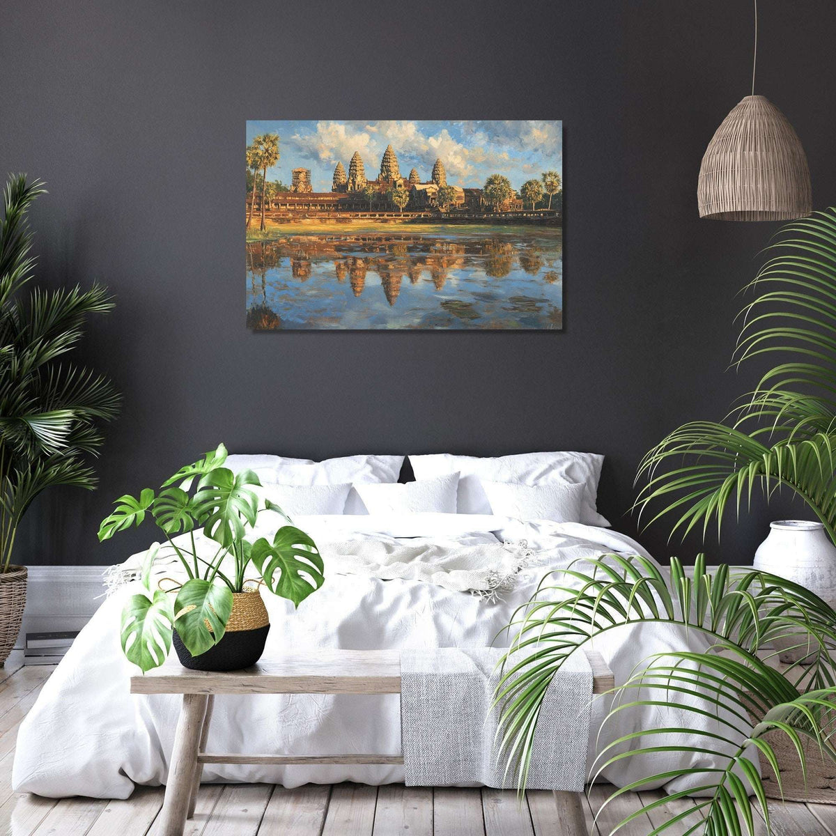 Beautiful Wall Art Canvas featuring a serene landscape with lush plants in a modern bedroom