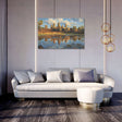 Beautiful Wall Art Canvas featuring a serene landscape with reflections by a lake in a modern living room