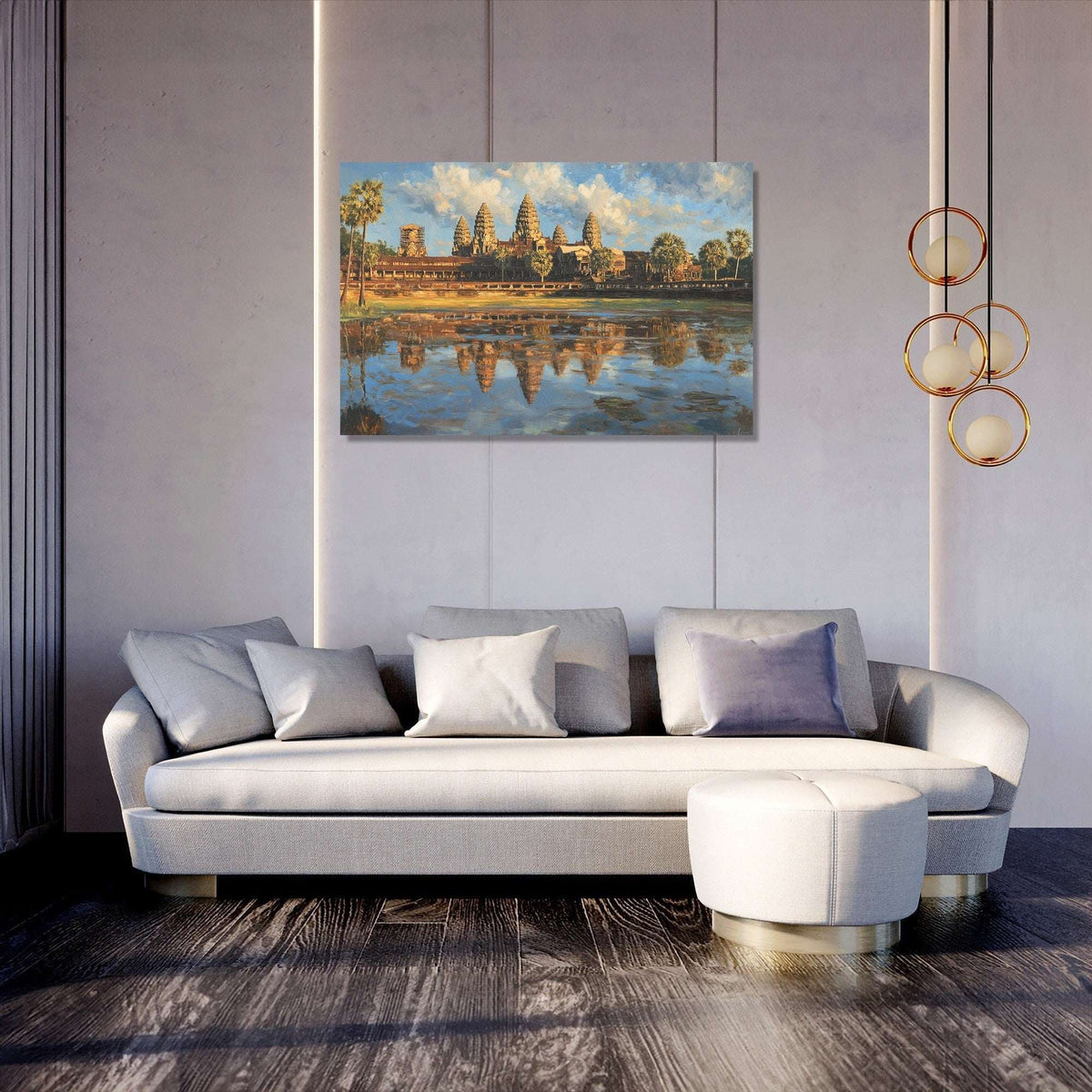 Beautiful Wall Art Canvas featuring a serene landscape with reflections by a lake in a modern living room