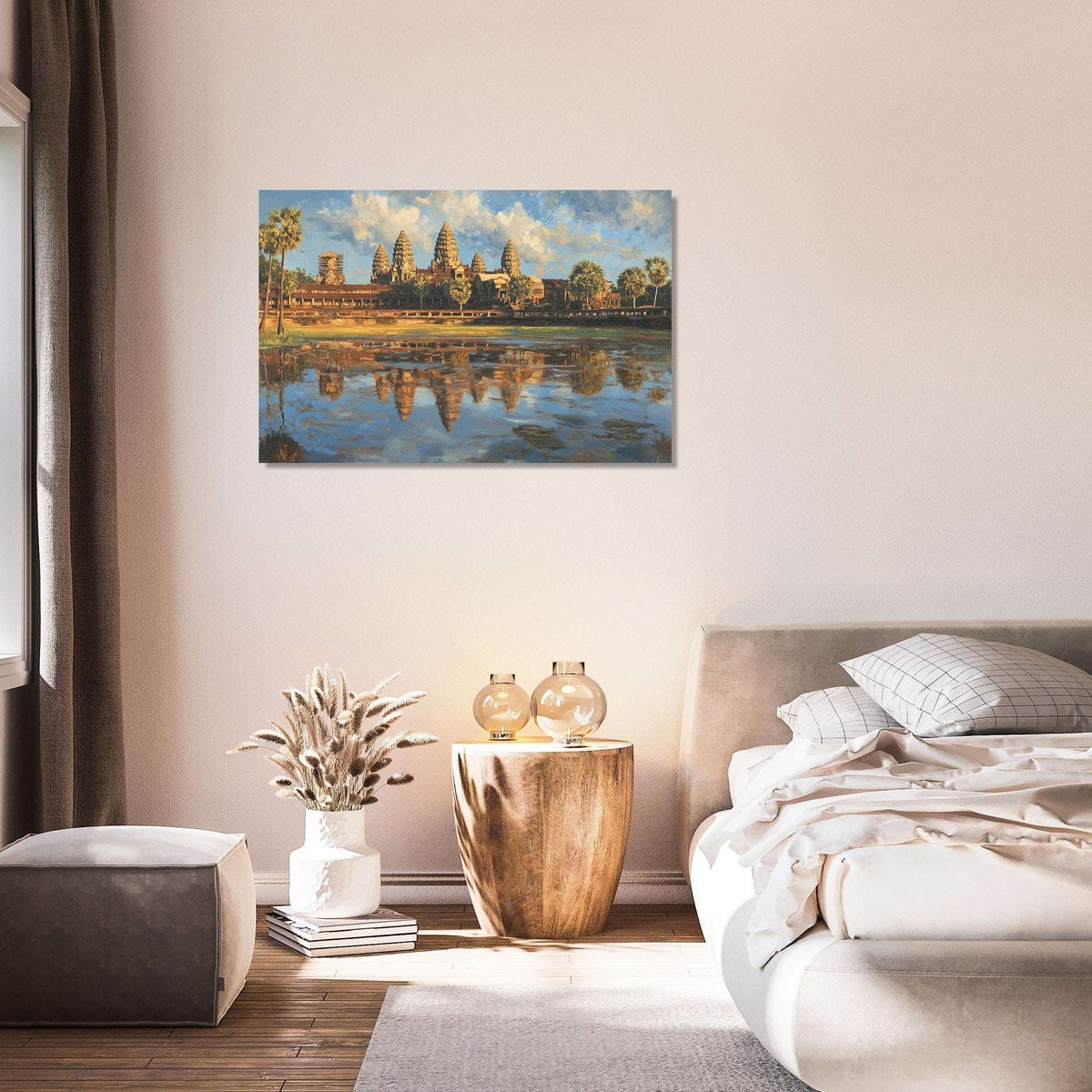 Beautiful wall art canvas depicting a serene landscape reflection in a modern bedroom setting