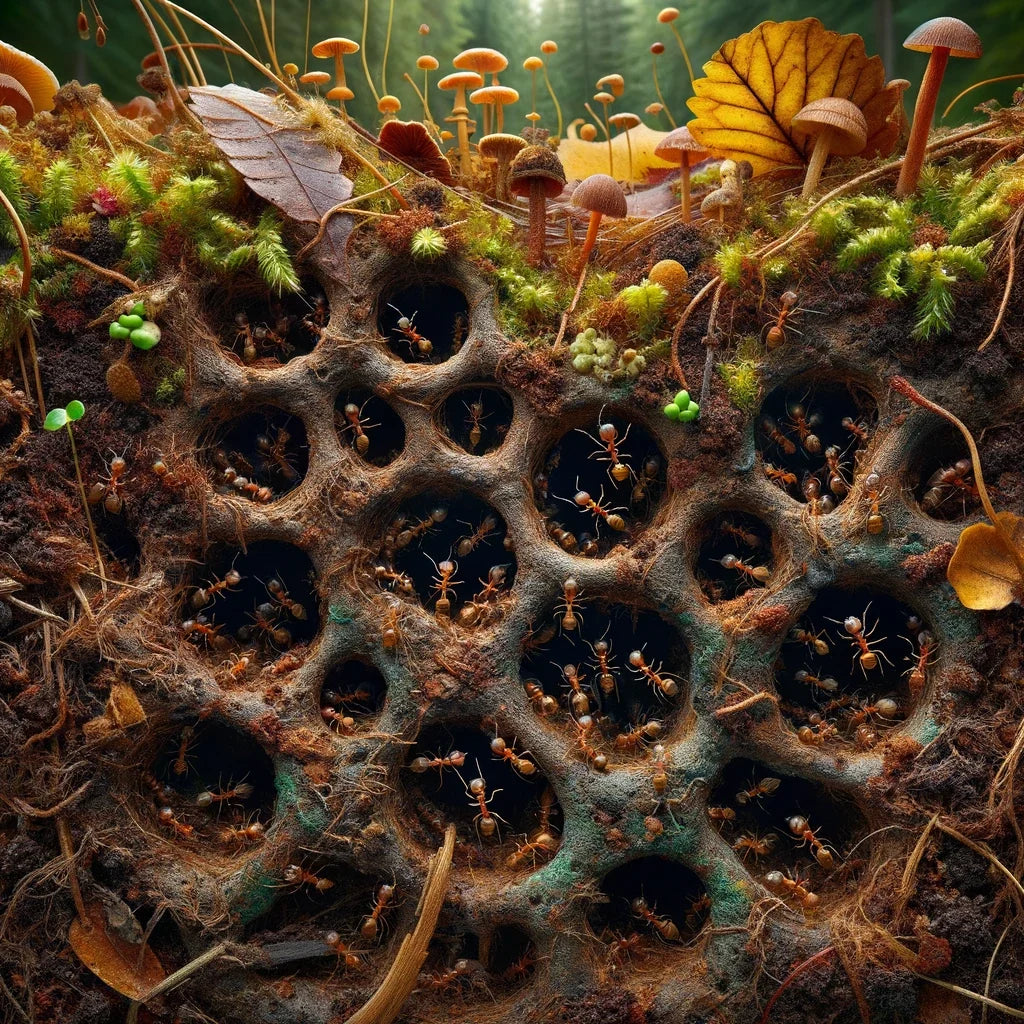 Intricate Wall Art Canvas featuring a forest floor scene with ants, mushrooms, and vibrant foliage