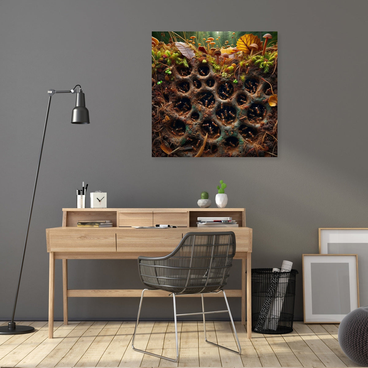 Vibrant Wall Art Canvas featuring a lush forest scene with mushrooms and plants on a modern office wall
