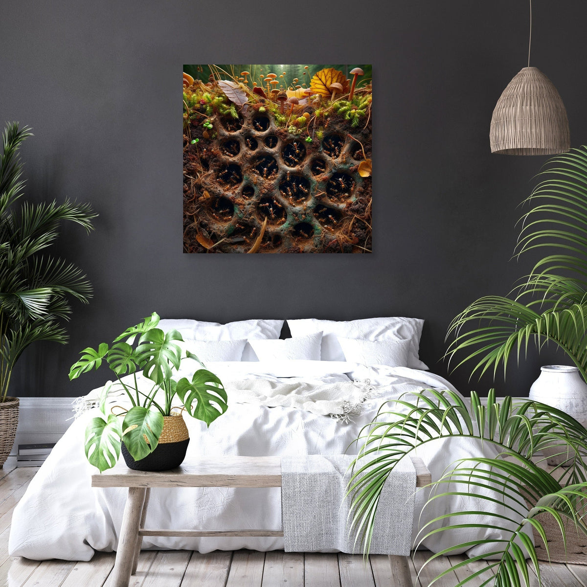 Vibrant Wall Art Canvas featuring a close-up of mushrooms and foliage in a modern bedroom setting