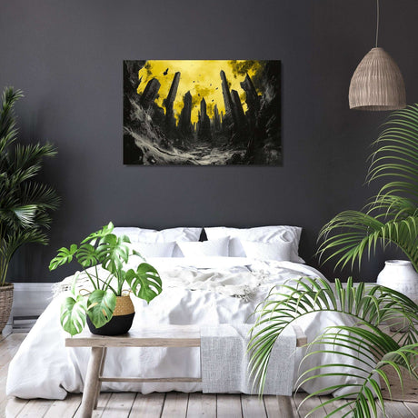 Abstract Wall Art Canvas featuring dark silhouettes against a bright yellow backdrop for modern interiors