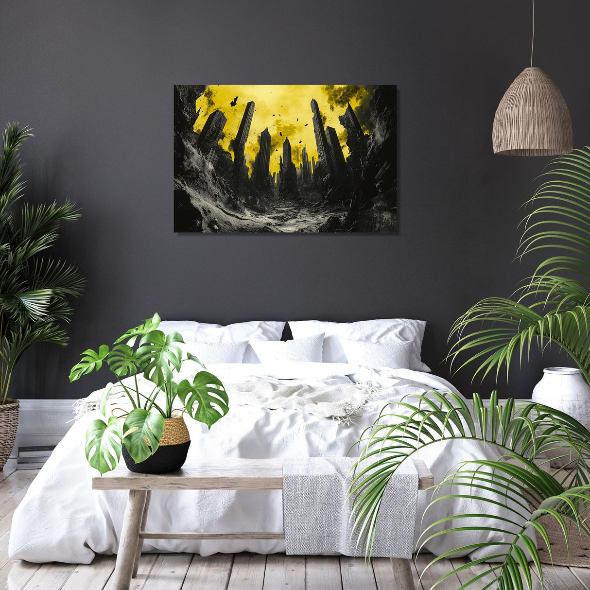 Abstract Wall Art Canvas featuring dark silhouettes against a bright yellow backdrop for modern interiors