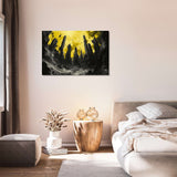 Abstract Wall Art Canvas featuring a dramatic yellow and black landscape in a modern bedroom setting