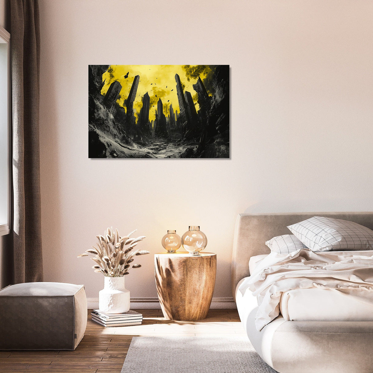 Abstract Wall Art Canvas featuring a dramatic yellow and black landscape in a modern bedroom setting