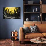 Abstract Wall Art Canvas featuring a striking yellow and black landscape above a stylish sofa