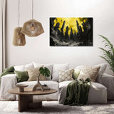 Modern Wall Art Canvas featuring a dramatic landscape with abstract dark structures against a yellow background