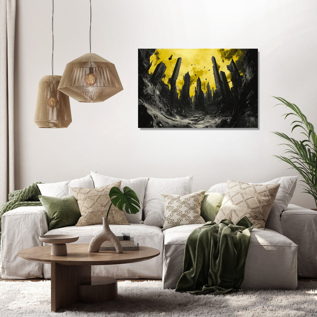 Modern Wall Art Canvas featuring a dramatic landscape with abstract dark structures against a yellow background