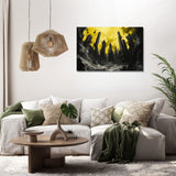 Modern Wall Art Canvas featuring a dramatic landscape with abstract dark structures against a yellow background