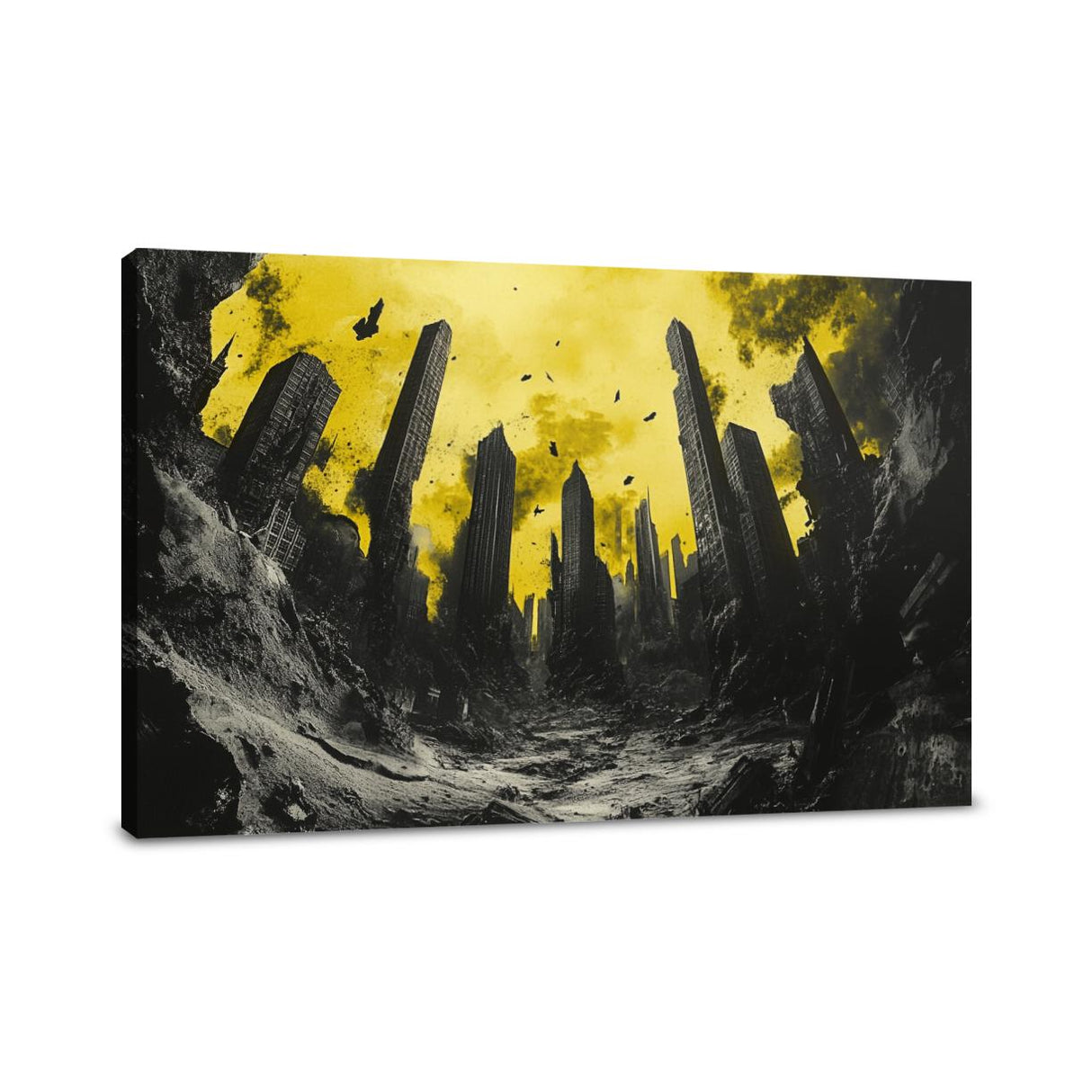 Striking Wall Art Canvas featuring a dramatic urban landscape with tall buildings against a yellow sky