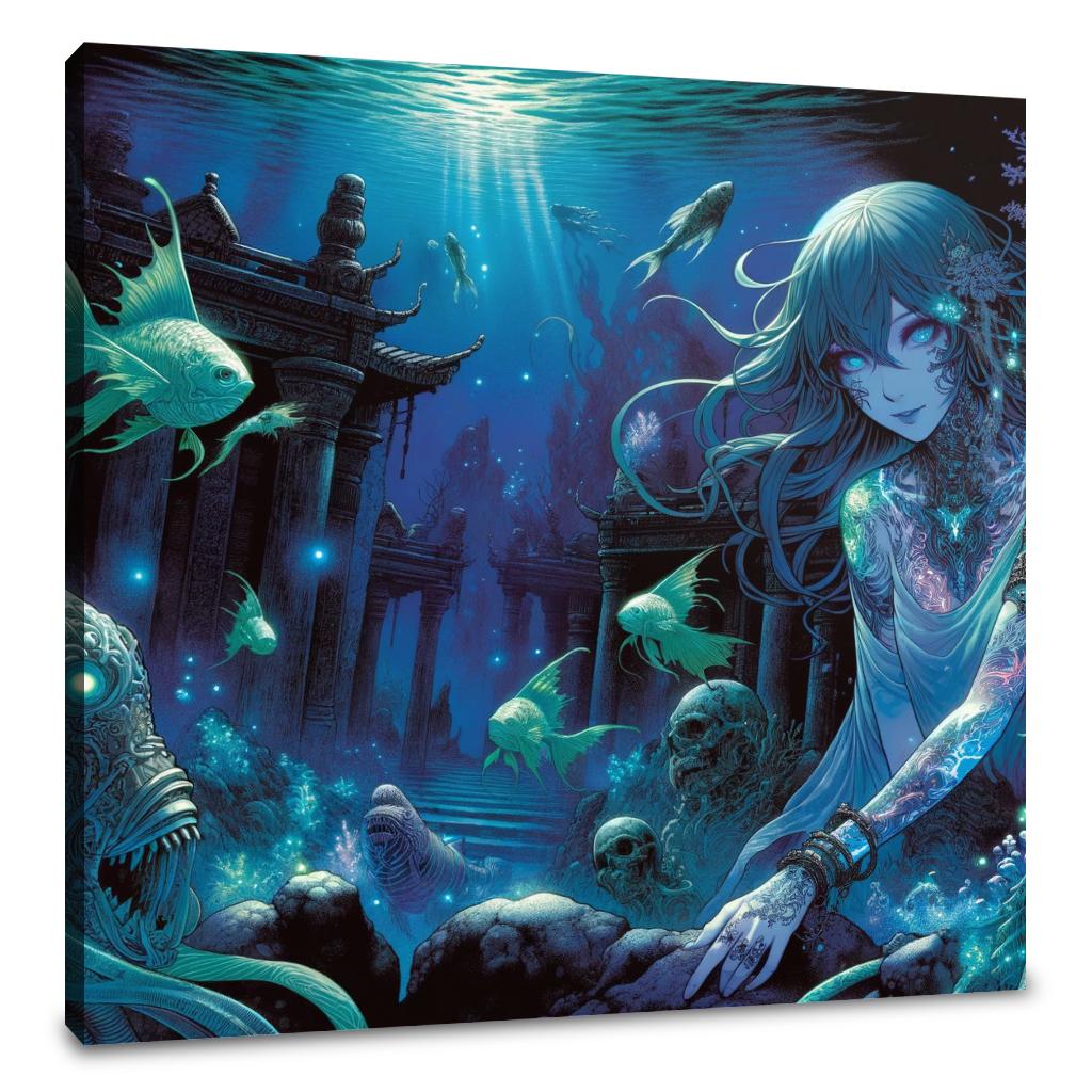Enchanting Wall Art Canvas featuring a mystical underwater scene with ethereal characters and vibrant fish