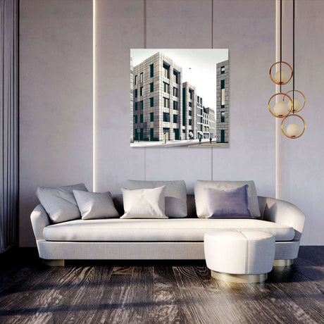Contemporary Wall Art Canvas showcasing modern architecture in a stylish living room setting