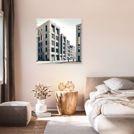 Modern Wall Art Canvas featuring a cityscape in a stylish bedroom setting
