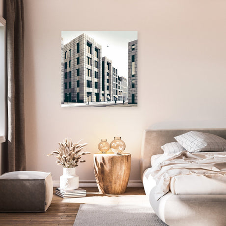 Modern Wall Art Canvas featuring a cityscape in a stylish bedroom setting