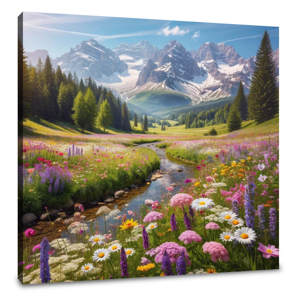 Stunning Wall Art Canvas featuring a vibrant mountain landscape with flowers and a stream