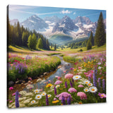 Stunning Wall Art Canvas featuring a vibrant mountain landscape with flowers and a stream