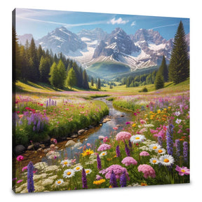 Stunning Wall Art Canvas featuring a vibrant mountain landscape with flowers and a stream