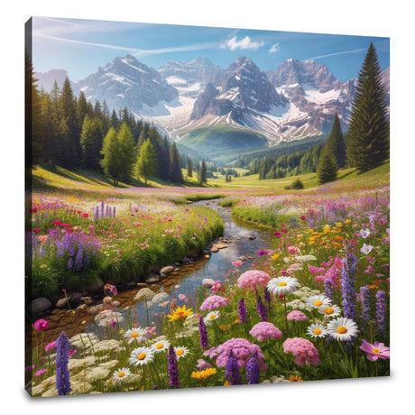 Stunning Wall Art Canvas featuring a vibrant mountain landscape with flowers and a stream