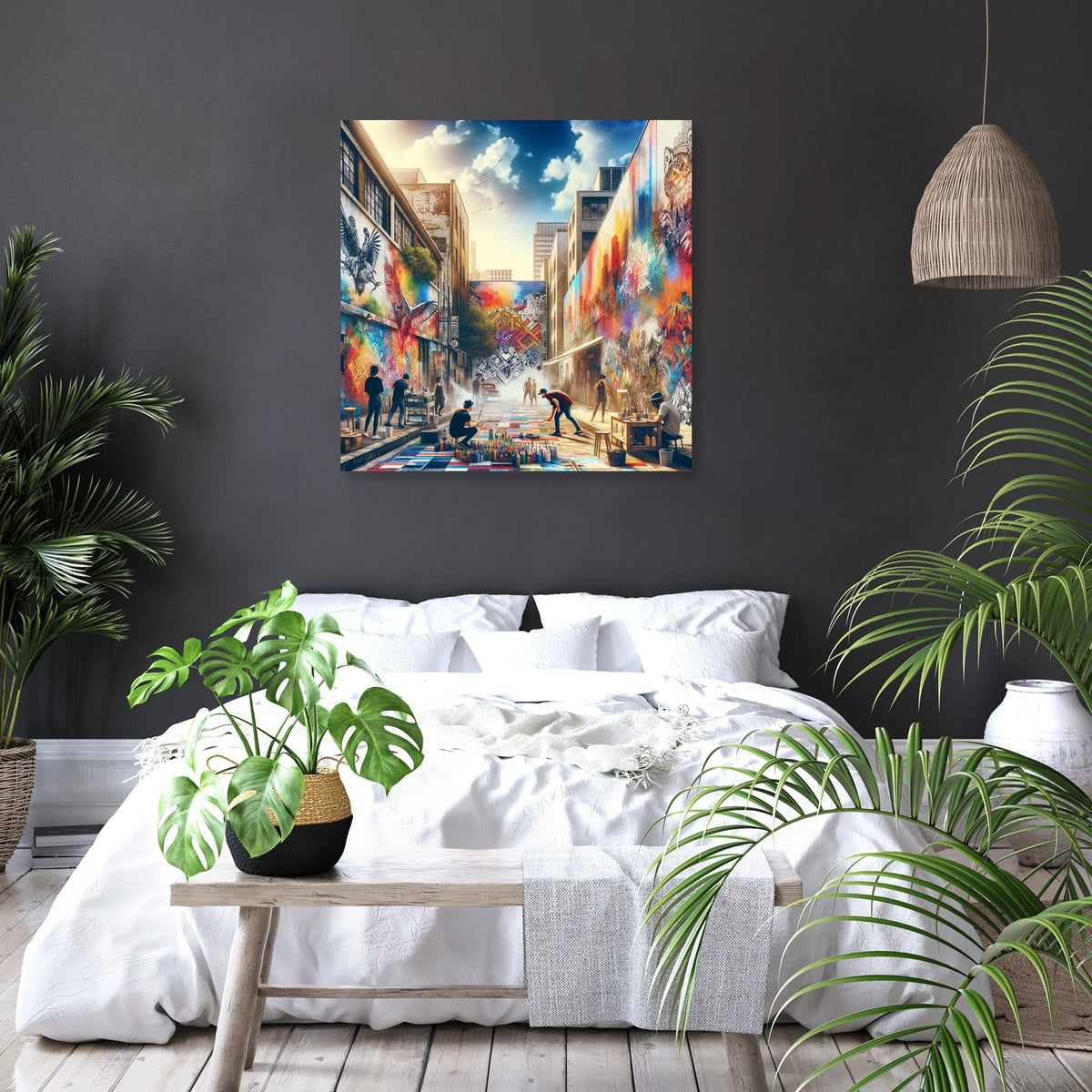 Vibrant wall art canvas featuring a colourful street scene with people creating art in an urban setting