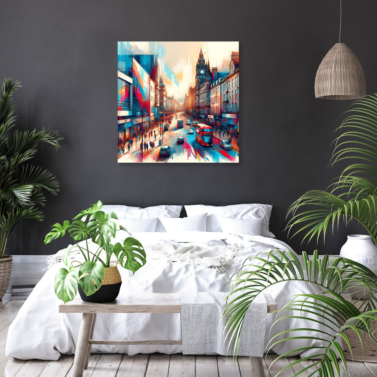 Vibrant wall art canvas depicting a bustling city street scene for modern home decor