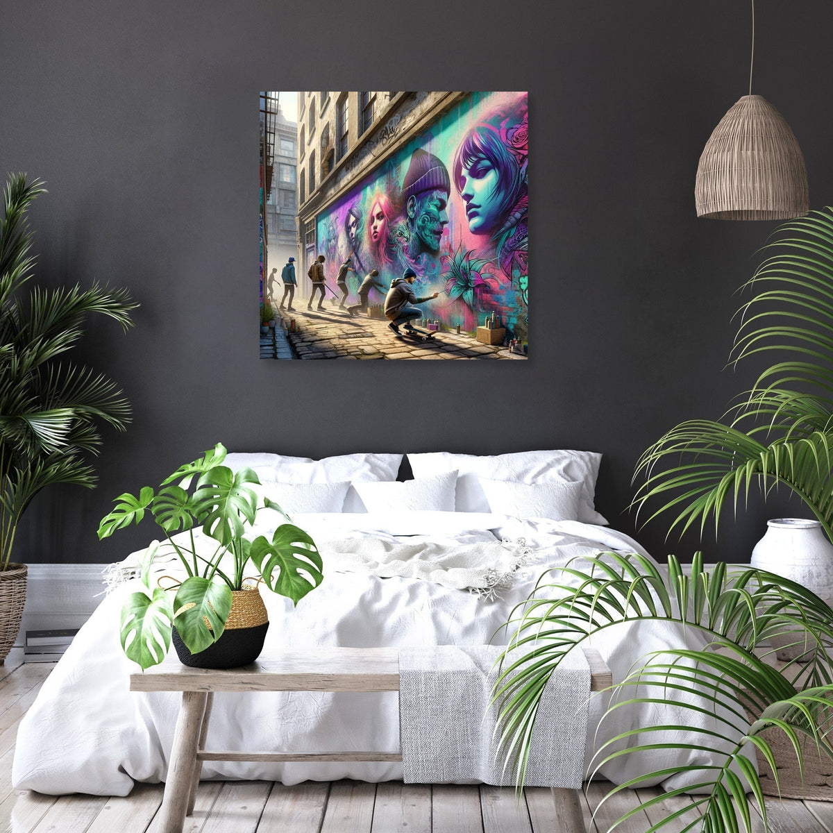 Vibrant wall art canvas featuring urban street art, perfect for modern home decor