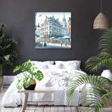 Stylish bedroom featuring Wall Art Canvas of an urban street scene with cafes and greenery