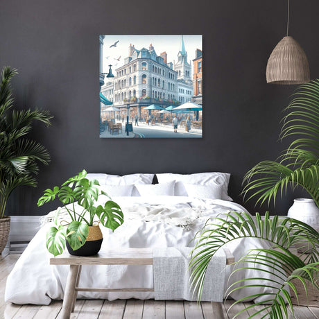 Stylish bedroom featuring Wall Art Canvas of an urban street scene with cafes and greenery