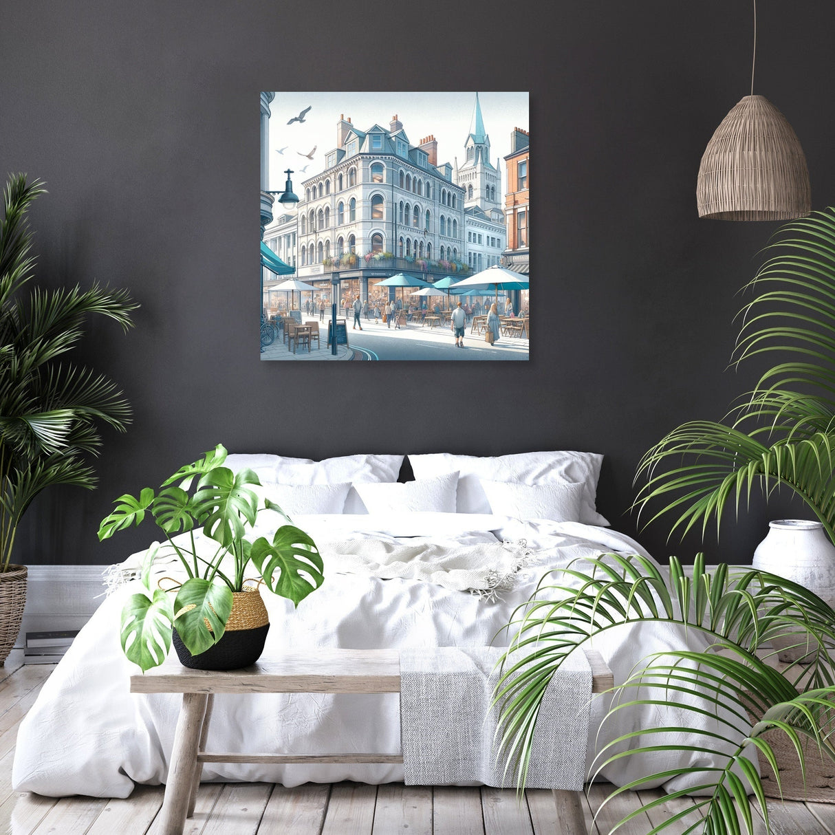 Stylish bedroom featuring Wall Art Canvas of an urban street scene with cafes and greenery