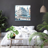 Stylish bedroom featuring Wall Art Canvas of an urban street scene with cafes and greenery