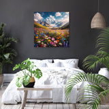 Vibrant wall art canvas featuring a mountain landscape with colourful flowers, ideal for home decor